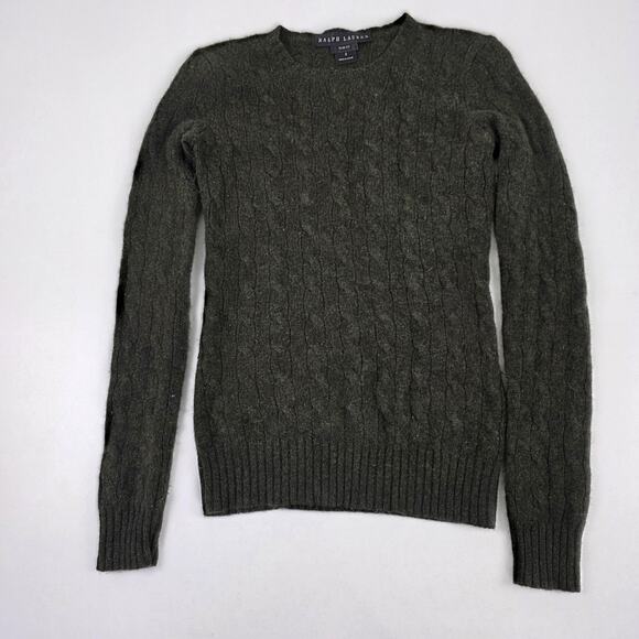 Ralph Lauren Sweater Womens Small Olive Green Slim Fit 100% Cashmere Cable Knit - Picture 1 of 13